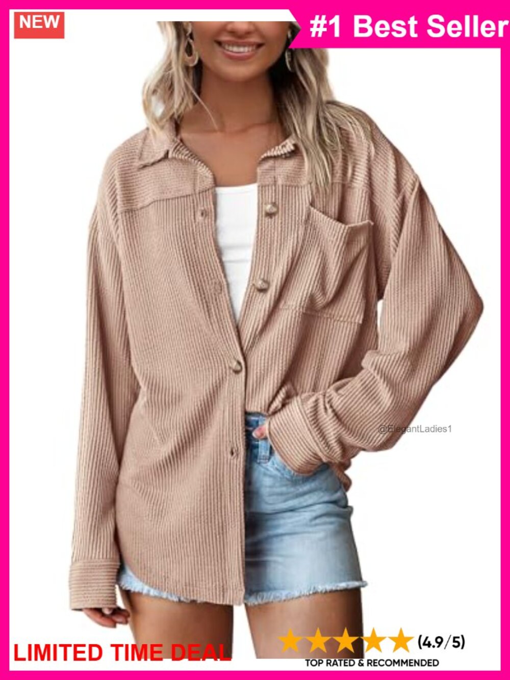 Oversized Textured Button Down Shirt Knit Shacket V Neck Long Sleeve